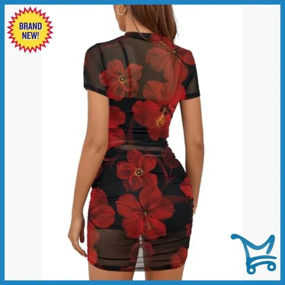 Mesh Bodycon Dress Set 3 Piece Outfit Short Sleeve Mini - Picture 2 of 7